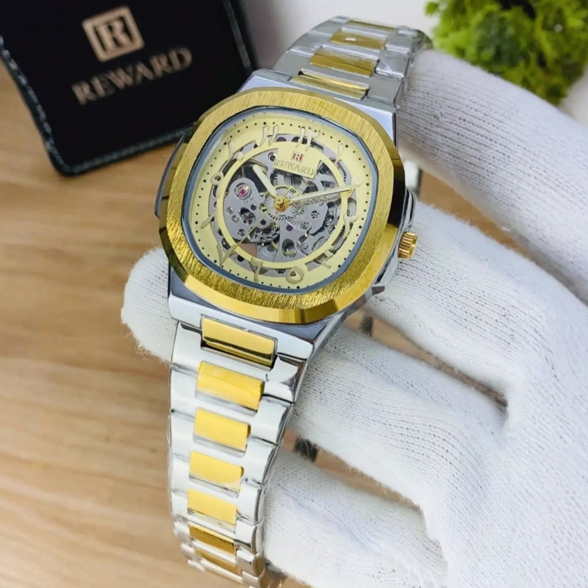 REWARD Two Tone Skeleton Automatic Watch for Men - Silver Gold Stainless Steel Watch.